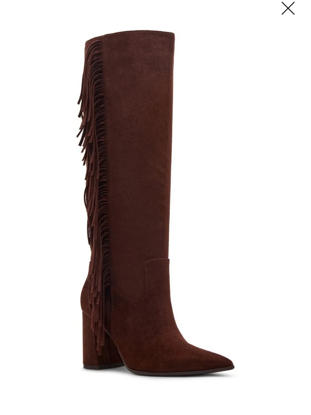Madden girl Women's Shakke Knee-High Fringe Dress Boots in chocolate brown